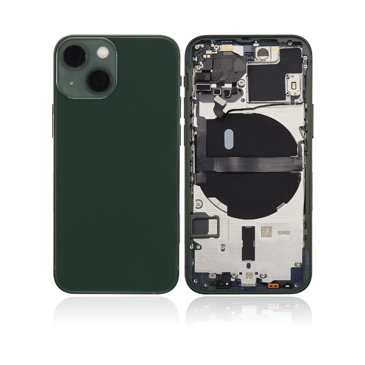 Carcasa trasera con piezas pequeñas preinstaladas para iPhone 13 Mini, verde
